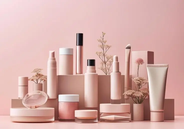 Download AI generated various cosmetic products arranged together on a pink background for free.webp